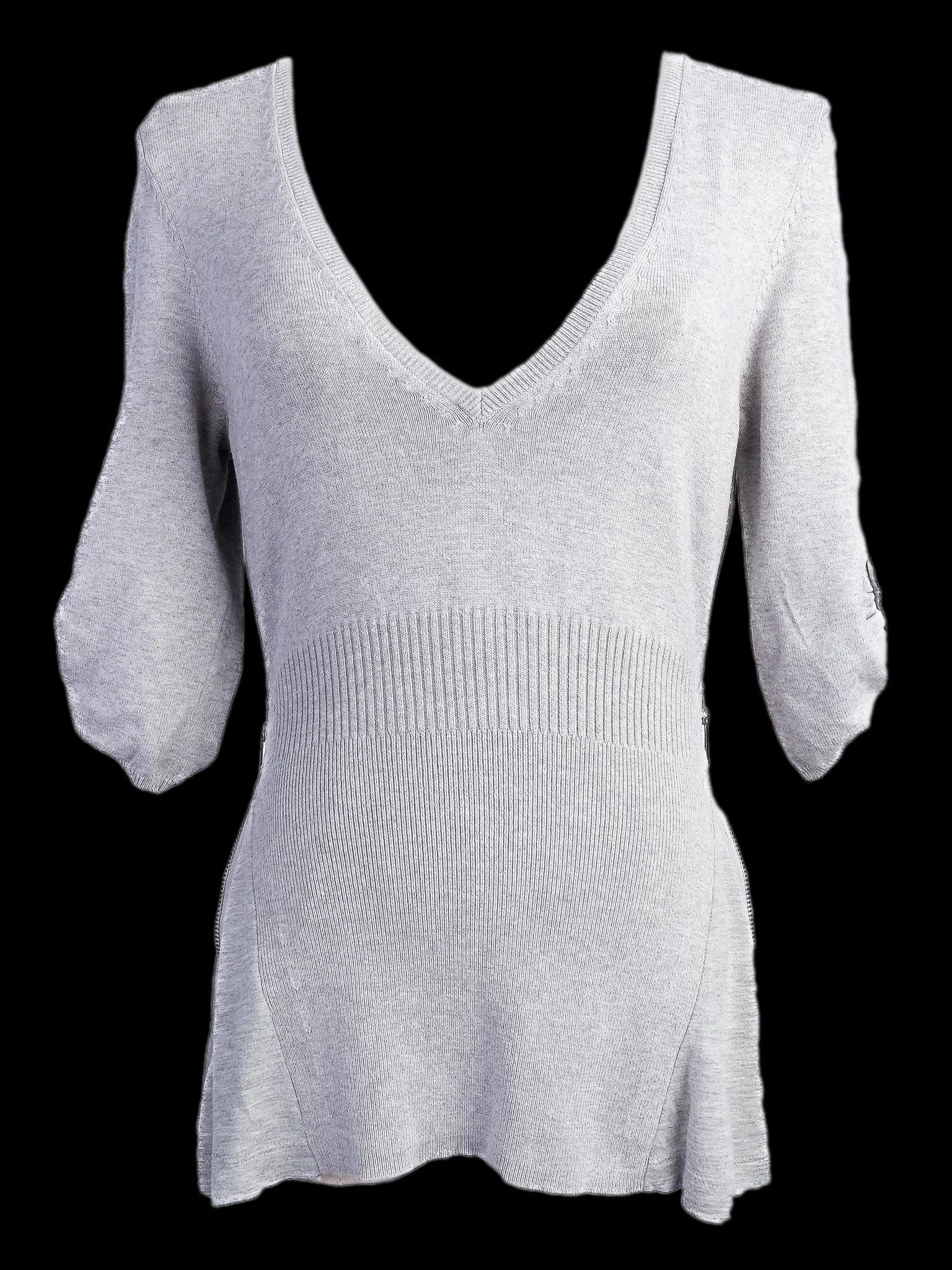 Karen Millen Gray Knit Sweater XS V-Neck Half Sleeve Excellent