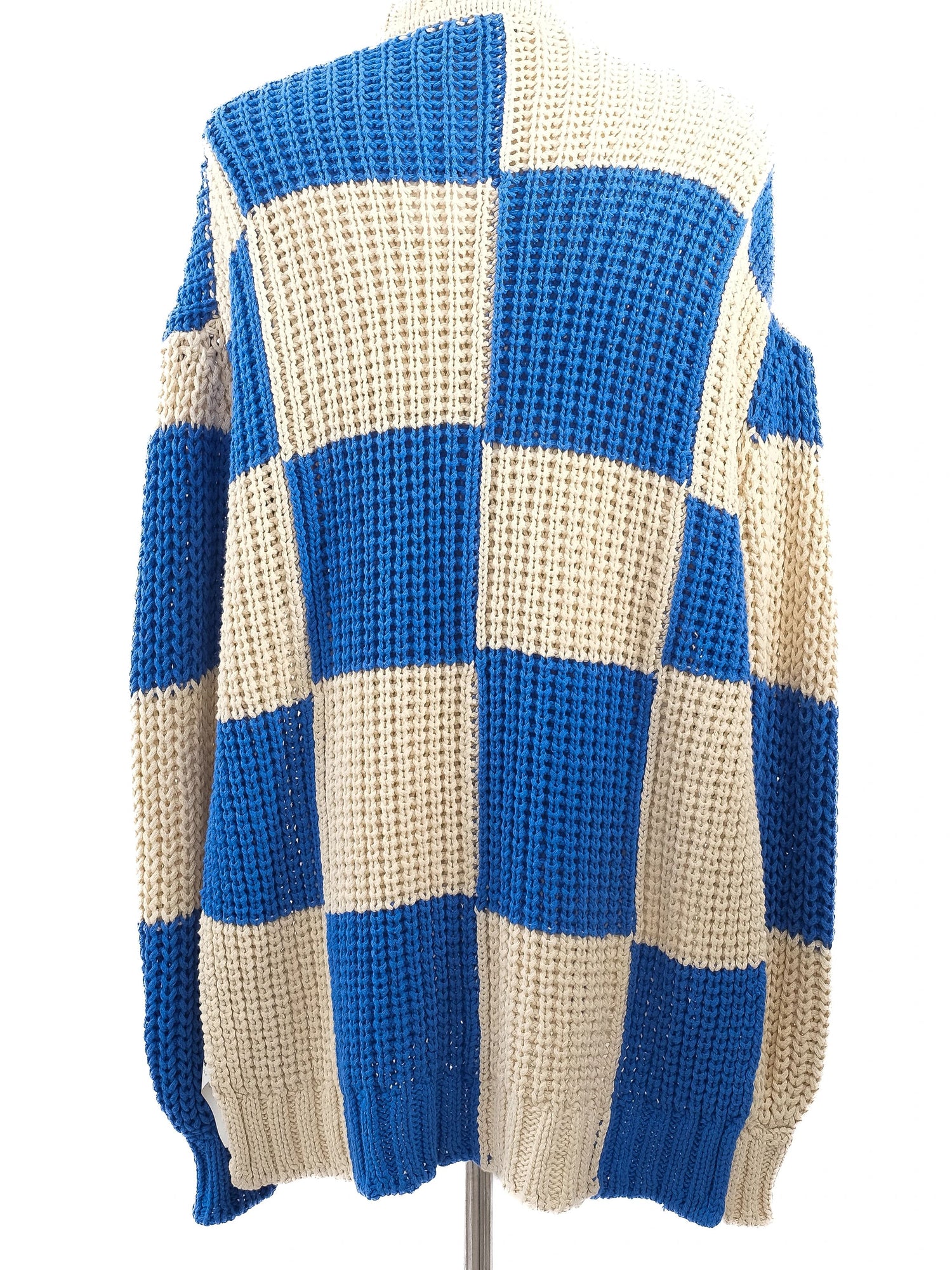 Excellent Jil Sander Chunky Knit Sweater Blue Beige Checkered XXL