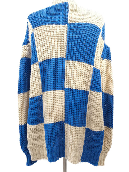 Excellent Jil Sander Chunky Knit Sweater Blue Beige Checkered XXL