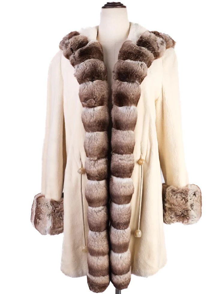 Excellent Yves Salamon White Fur Coat with Brown Trim Size M