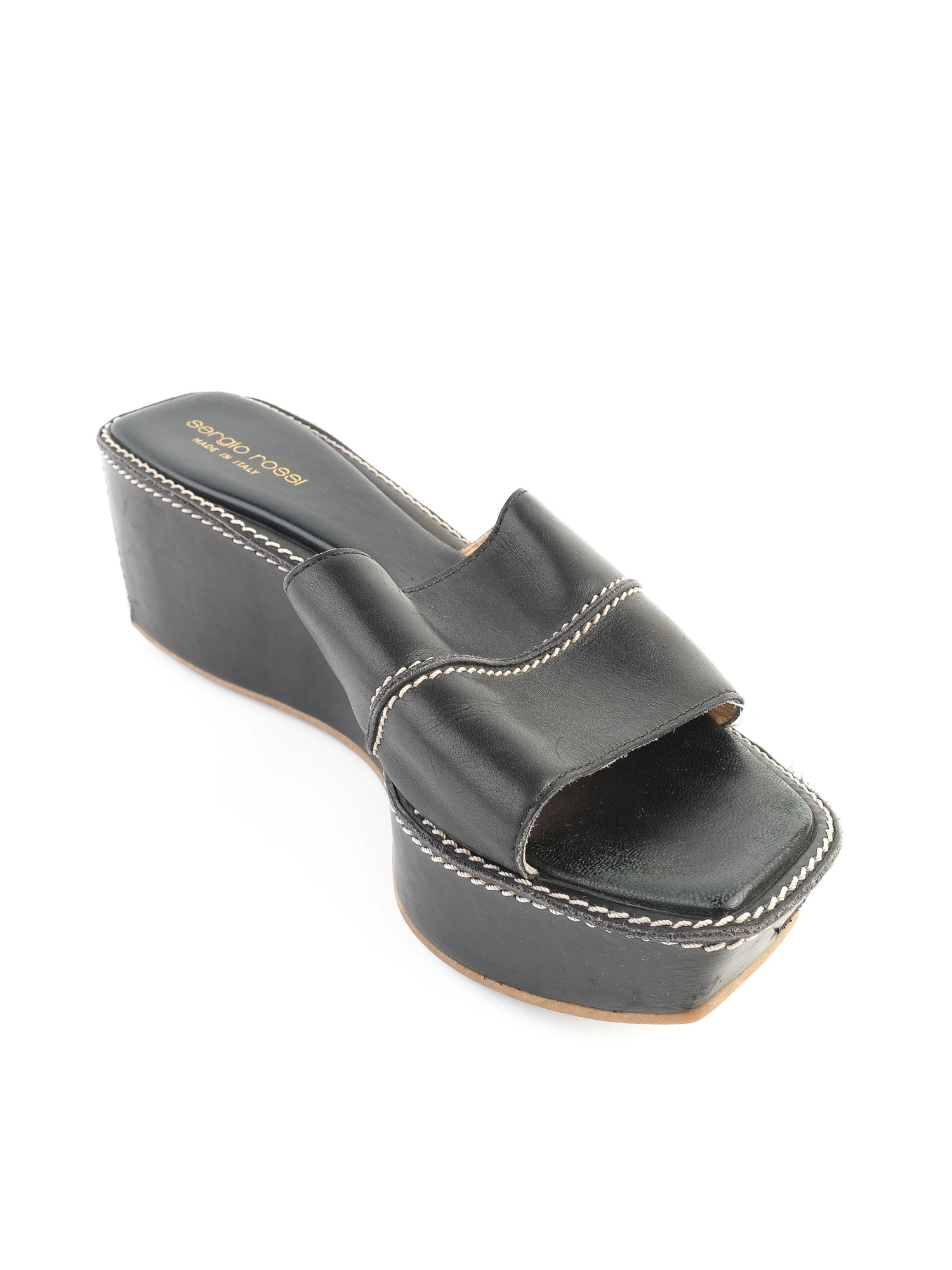 Excellent Sergio Rossi Black Leather Wedge Sandals with Platform Heel