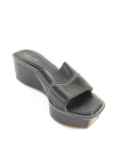 Excellent Sergio Rossi Black Leather Wedge Sandals with Platform Heel