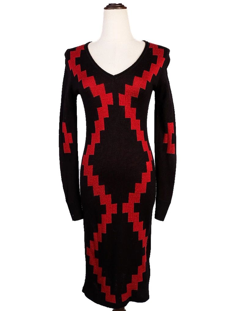 Excellent Diane von Furstenberg Black Wool Dress XS with Red Zigzag Pattern