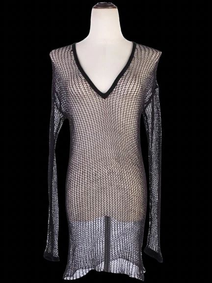 NEW By Malene Birger Black Mesh Dress Size XS V-Neck Long Sleeve