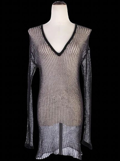NEW By Malene Birger Black Mesh Dress Size XS V-Neck Long Sleeve