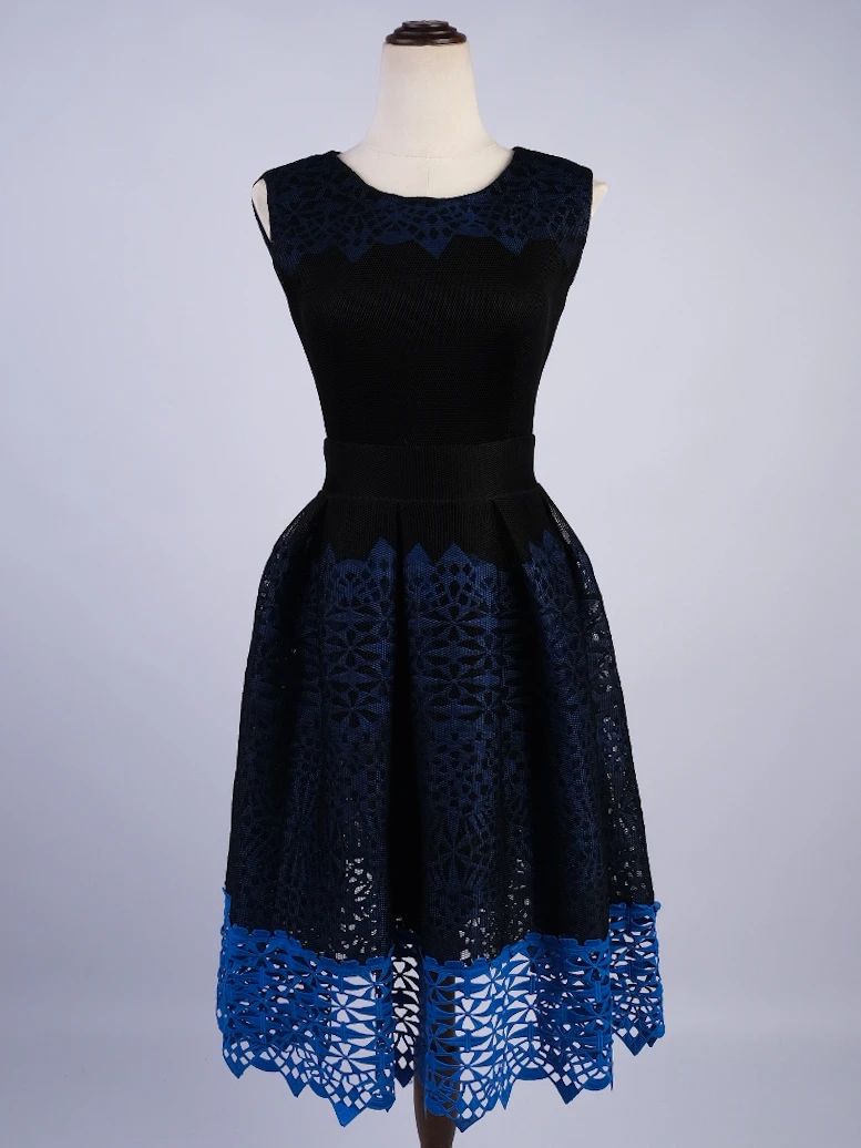 NEW Maje Blue Lace Dress XS Sleeveless Fitted Flared Skirt