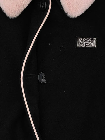 Excellent N21 Black Wool Coat with Pink Faux Fur Collar, Size XL
