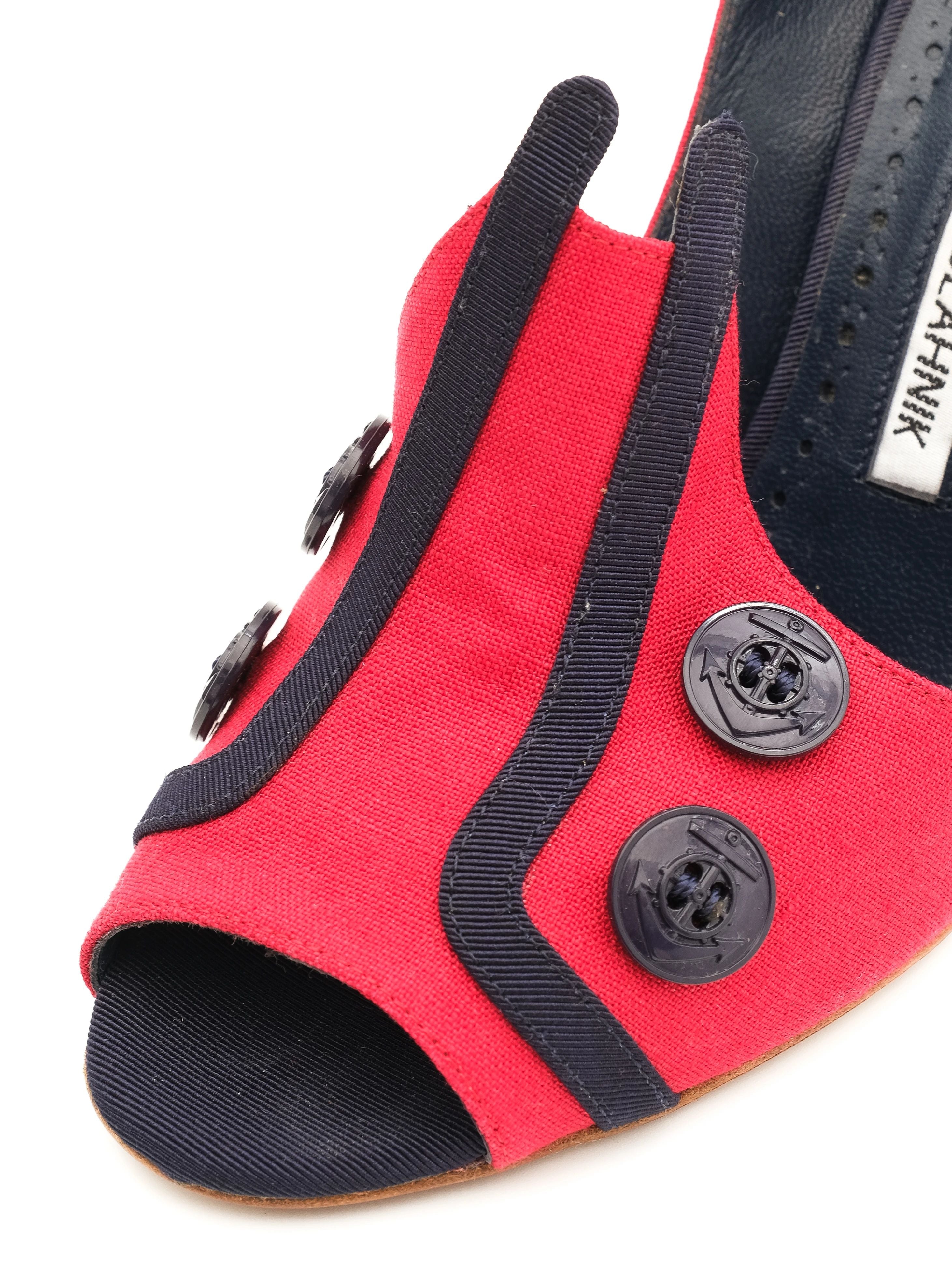 Perfect Manolo Blahnik Red Heeled Shoes Size 37 with Black Trim