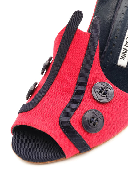 Perfect Manolo Blahnik Red Heeled Shoes Size 37 with Black Trim