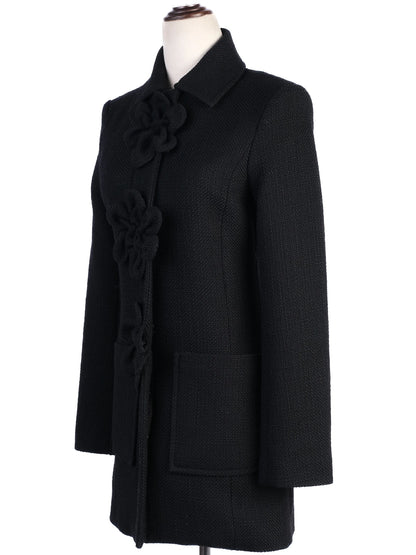 Excellent Anne Fontaine Black Wool Coat with Floral Embellishments