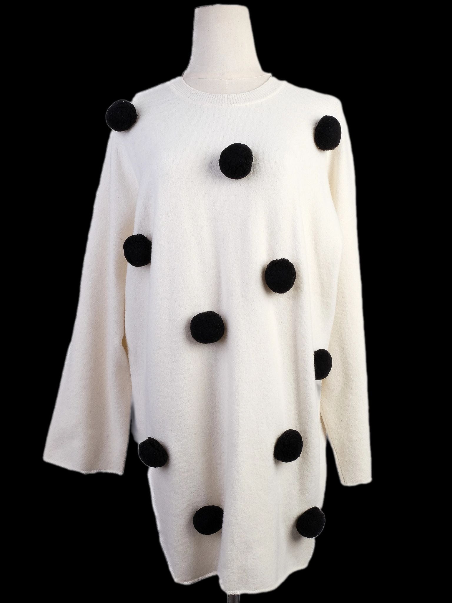 Excellent Sportmax White Wool Sweater Size S with Black Pom-Poms