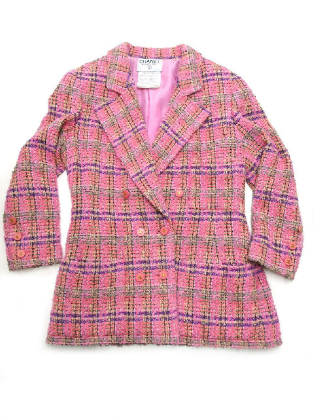 Chanel Tweed Coco Button Double Breasted Jacket Pink Wool And Angora Vintage Rare 42