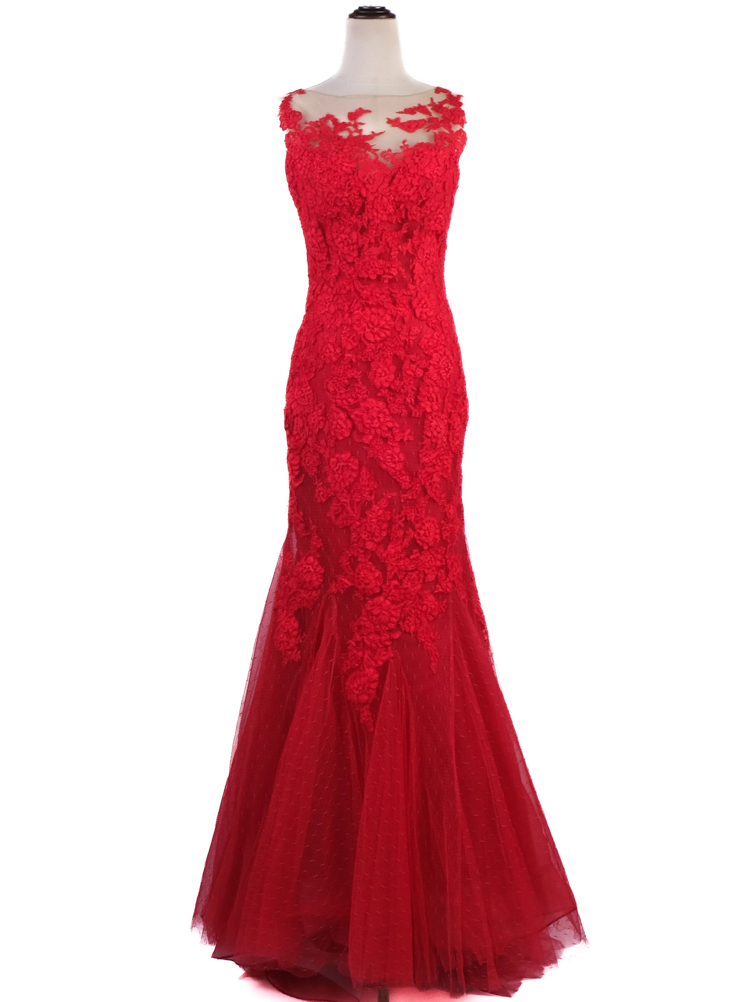 Excellent Pronovias Red Evening Gown Lace Detail Size L