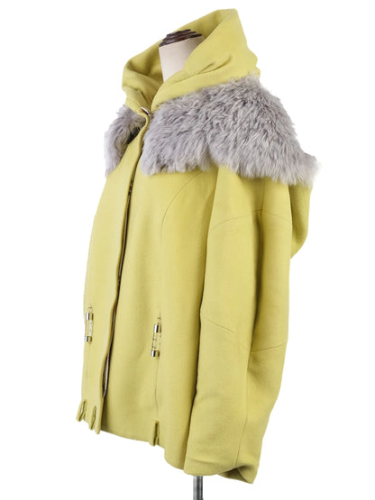 Excellent Emilio Pucci Yellow Wool Hooded Coat Size M with Fur Collar