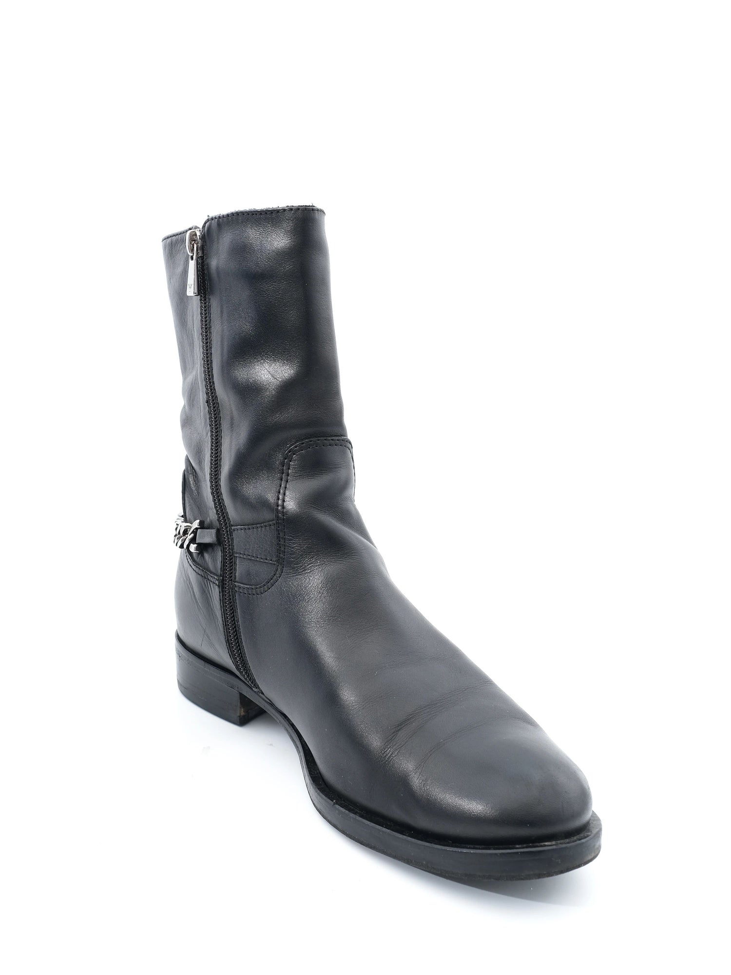 Excellent Emporio Armani Black Leather Boots with Chain Detail Size 40.5