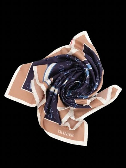 NEW Valentino Silk Scarf Combined Navy Blue &amp; Beige with Logo