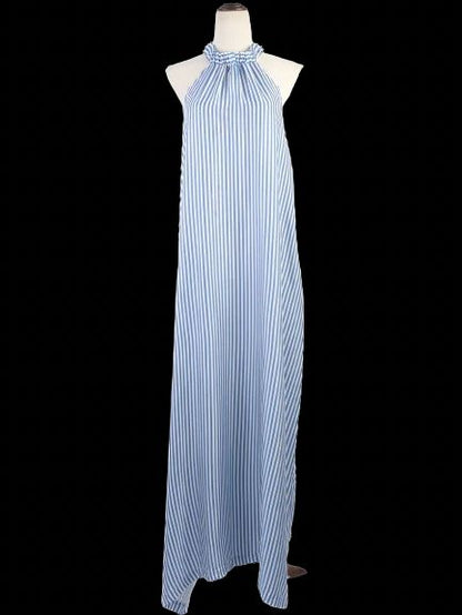 Excellent Paper London Blue Silk Striped Halter Neck Dress Size XXL