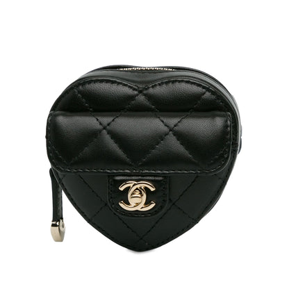 Chanel Lambskin CC In Love Heart Zipped Arm Coin Purse Black