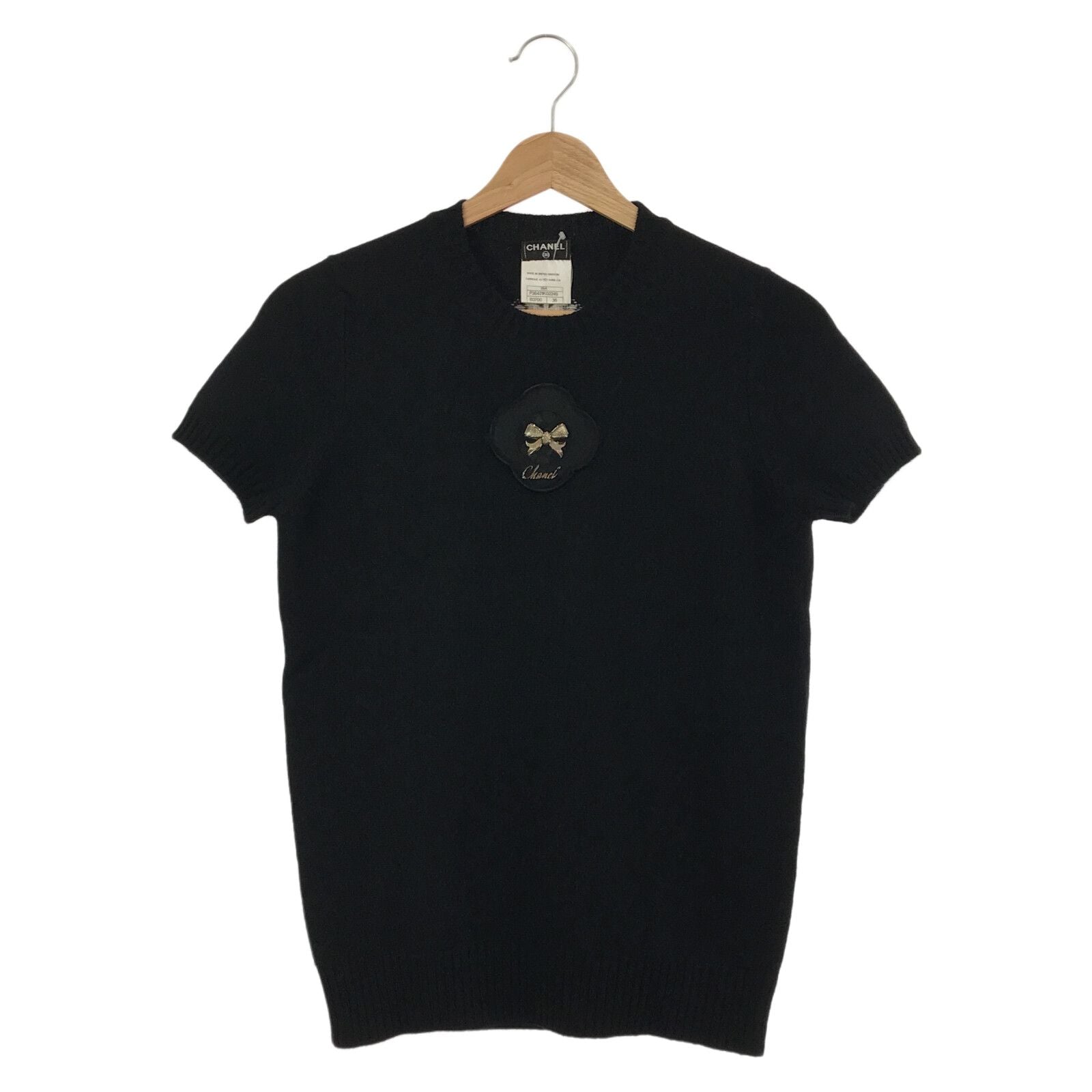 Chanel Short Sleeve Bow Sweater Black Cashmere 36