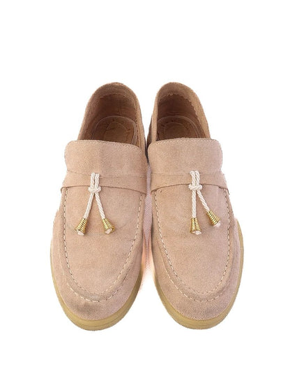 Excellent Condition Beige Suede Loafers with Bow - Women&