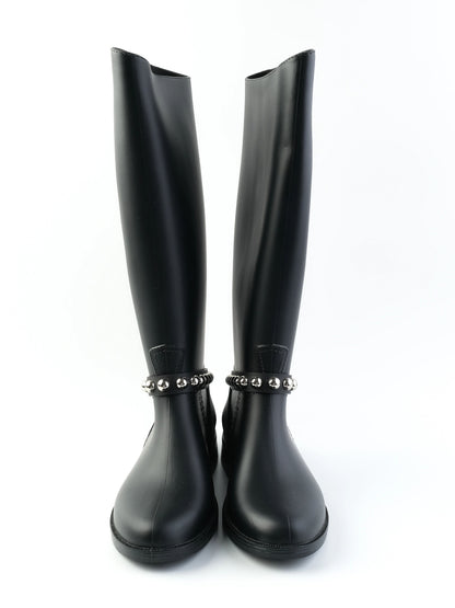 Perfect Red Valentino Black Leather Knee-High Boots with Silver Studs
