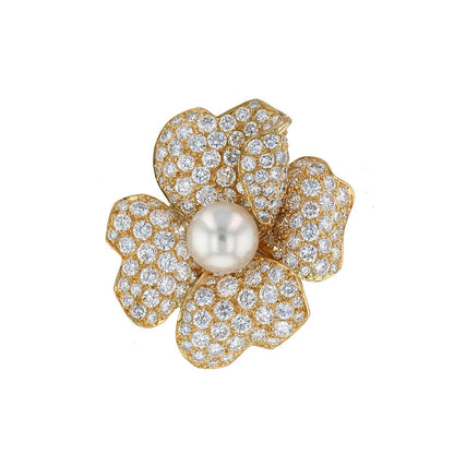 Cartier Pa•va cultured pearl, diamonds and gold brooch