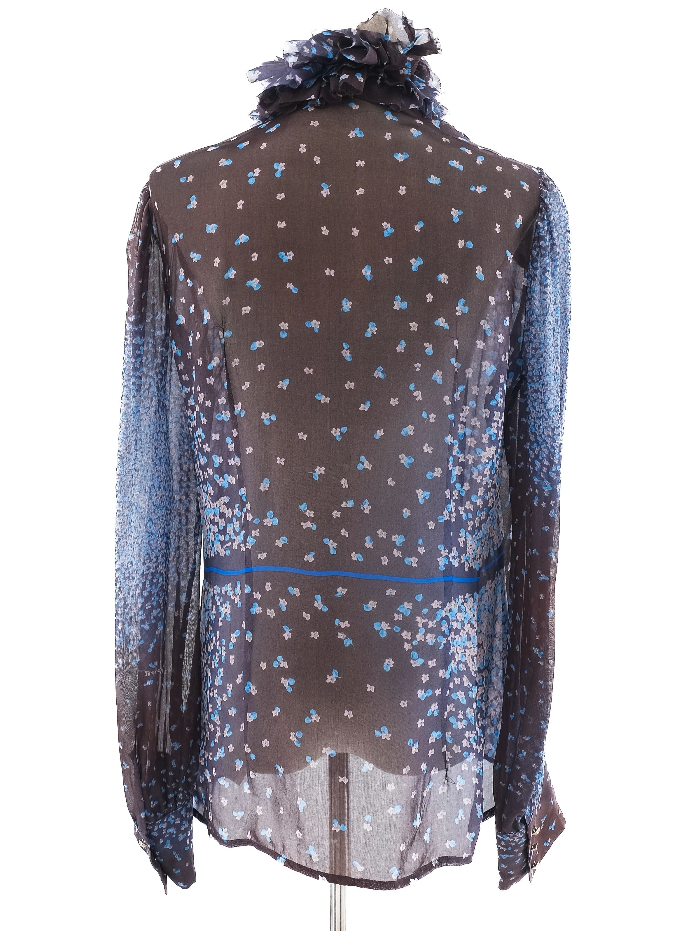 Class Roberto Cavalli Sheer Floral Blouse Blue Silk Size L Excellent