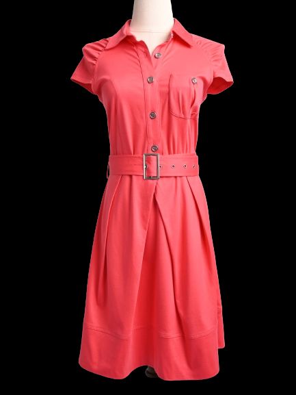 Excellent Pinko Red Cotton Dress L Size with Belt &amp; Pleats