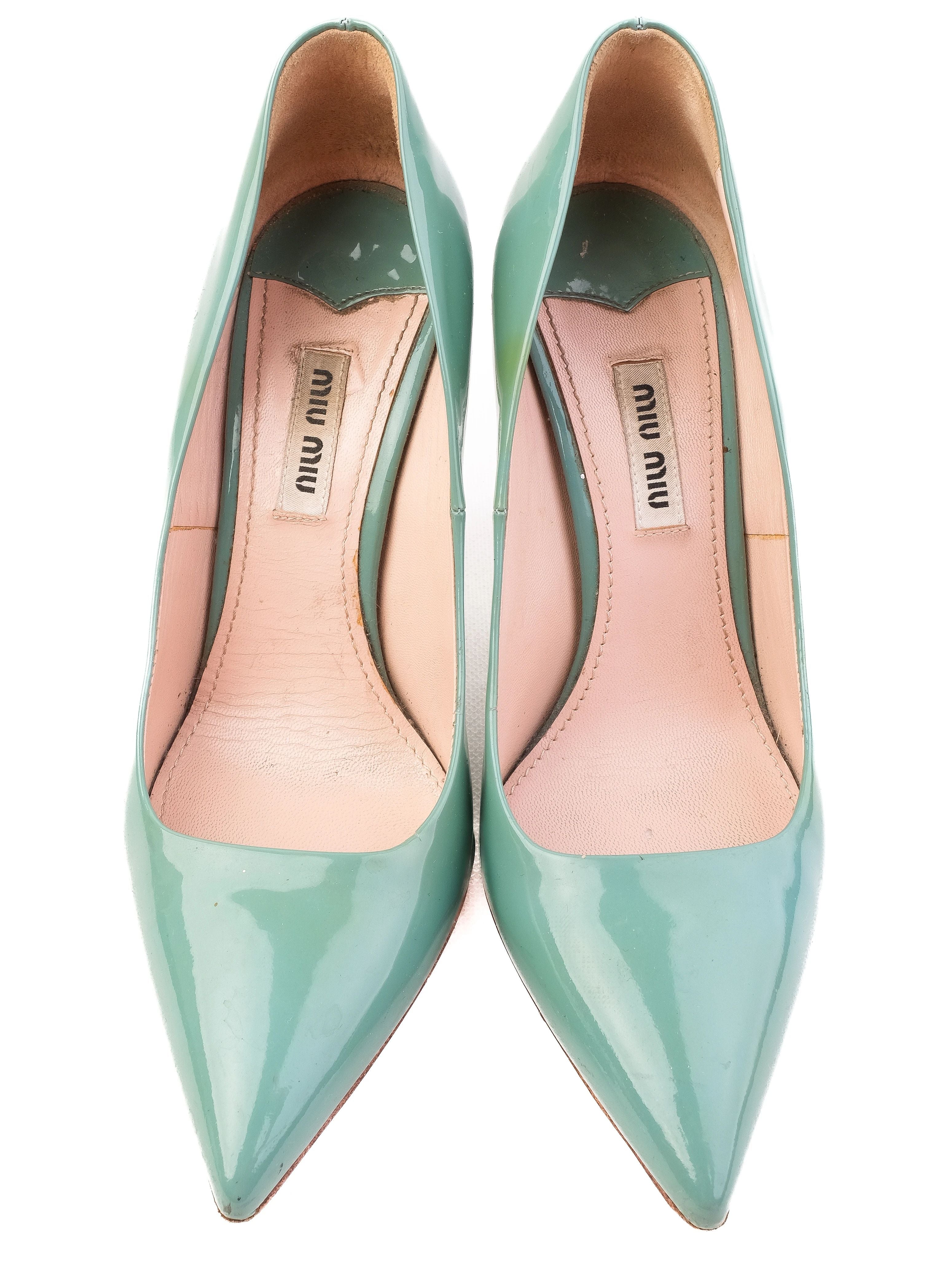 Excellent Miu Miu Green Leather High-Heeled Shoes Size 36.5