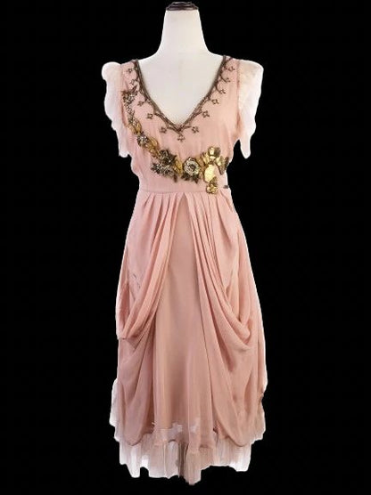 Excellent John Galliano White Silk Dress with Floral Embellishments