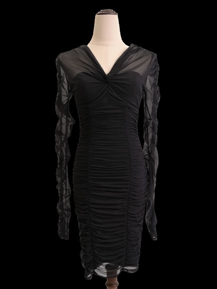 Good Guess Black Dress XS with Sheer Sleeves and Ruched Design