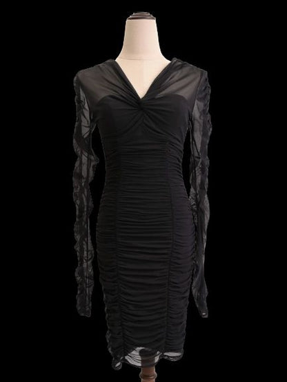 Good Guess Black Dress XS with Sheer Sleeves and Ruched Design