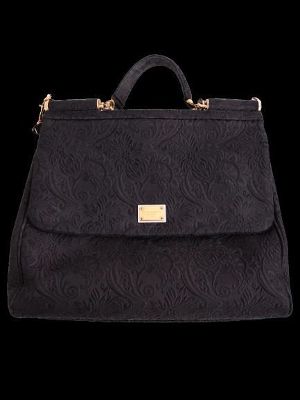 Excellent Dolce Gabbana Black Leather Handbag with Floral Pattern
