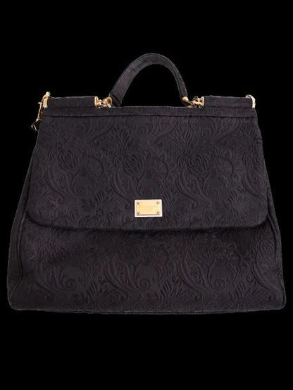 Excellent Dolce Gabbana Black Leather Handbag with Floral Pattern