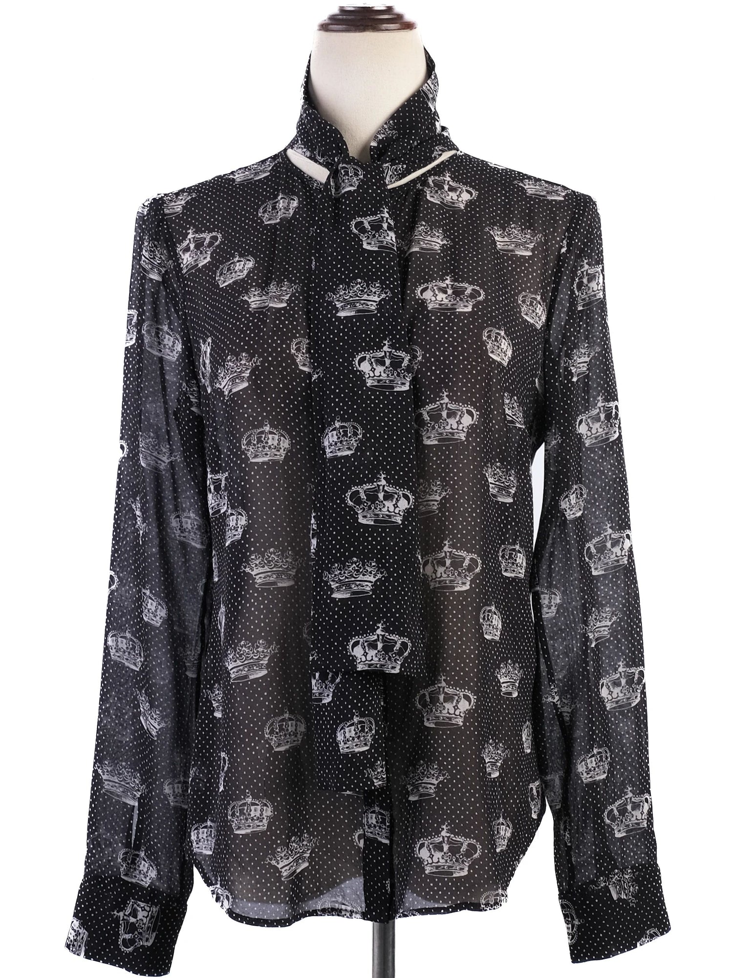 Excellent Red Valentino Black Silk Sheer Blouse with Crown Print