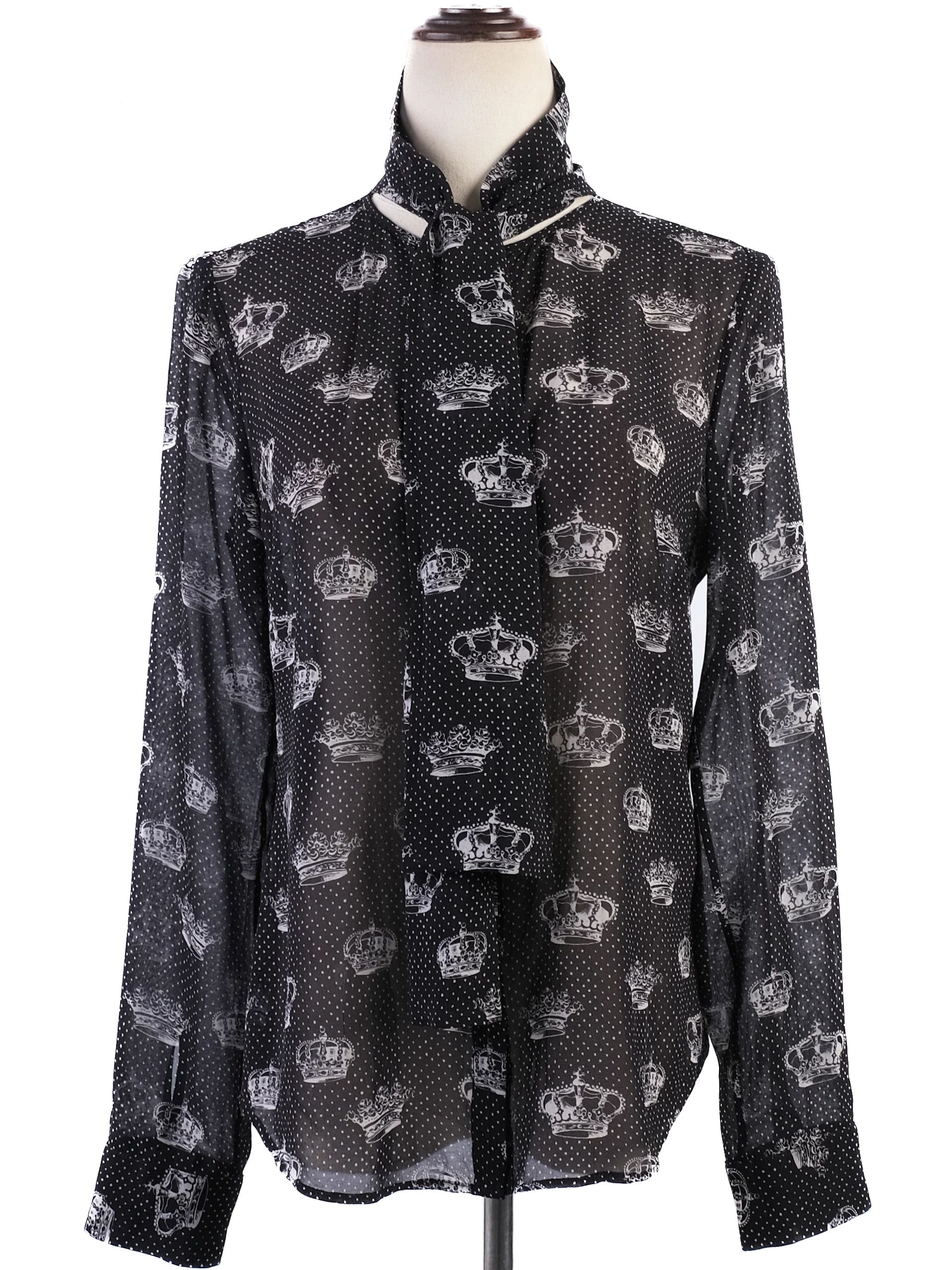 Excellent Red Valentino Black Silk Sheer Blouse with Crown Print