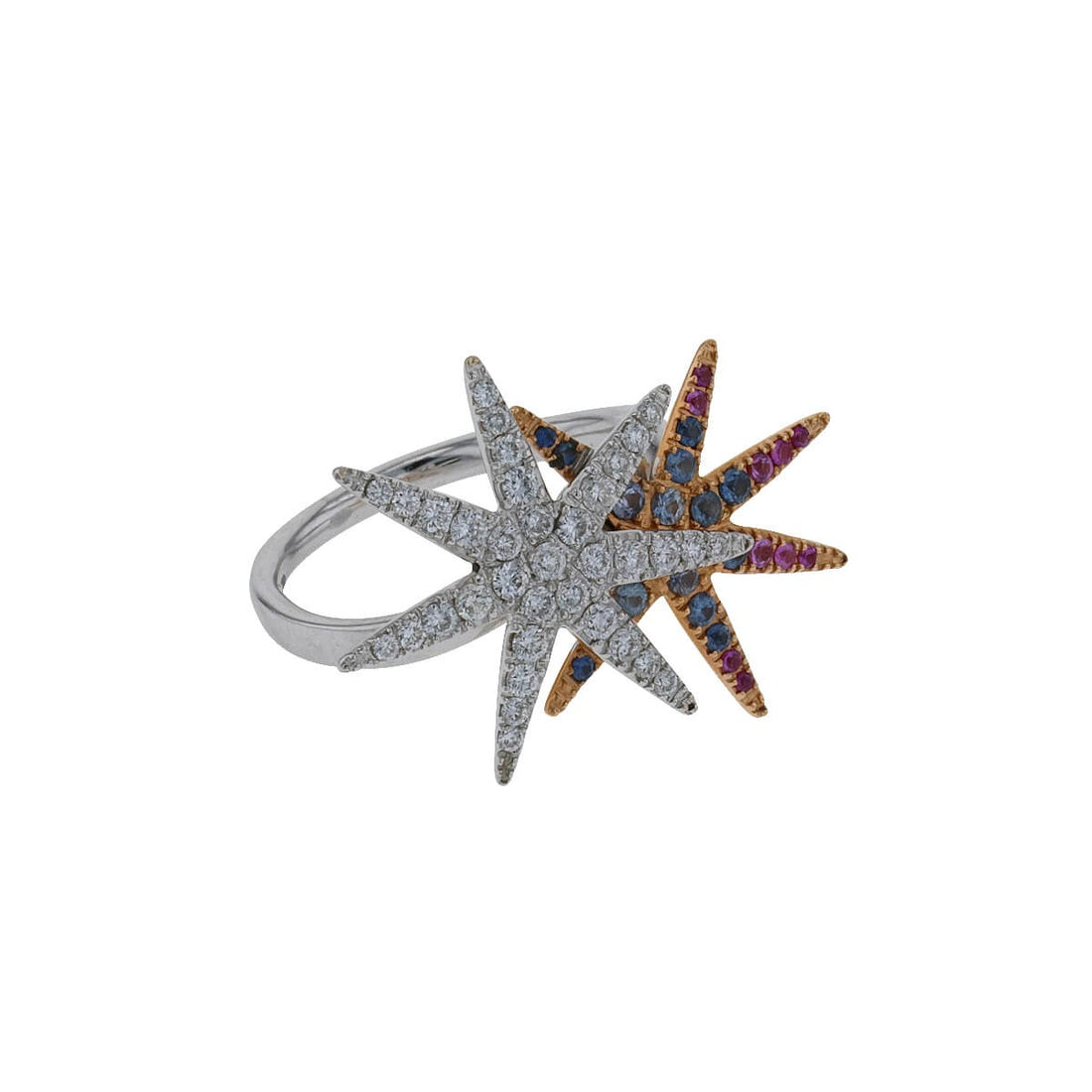 Colored sapphires, diamonds and two tones gold ring