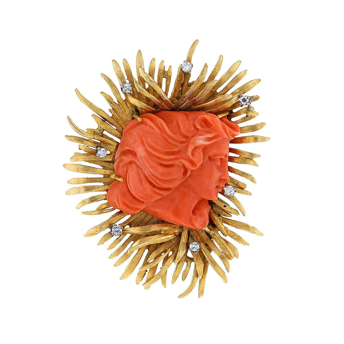 Coral, diamonds and gold brooch