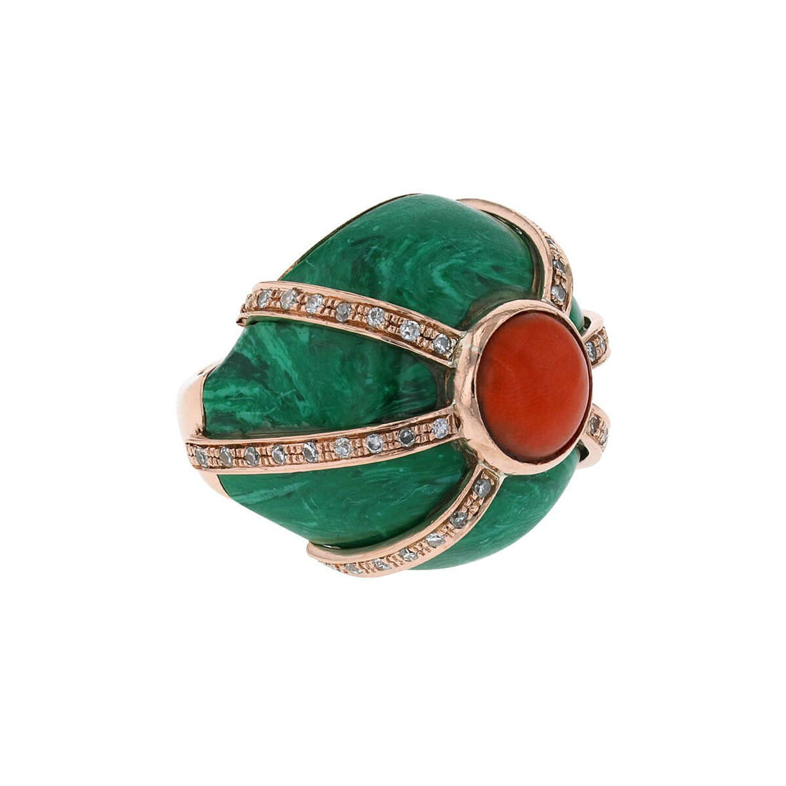 Coral, diamonds, imitated malachite and gold ring