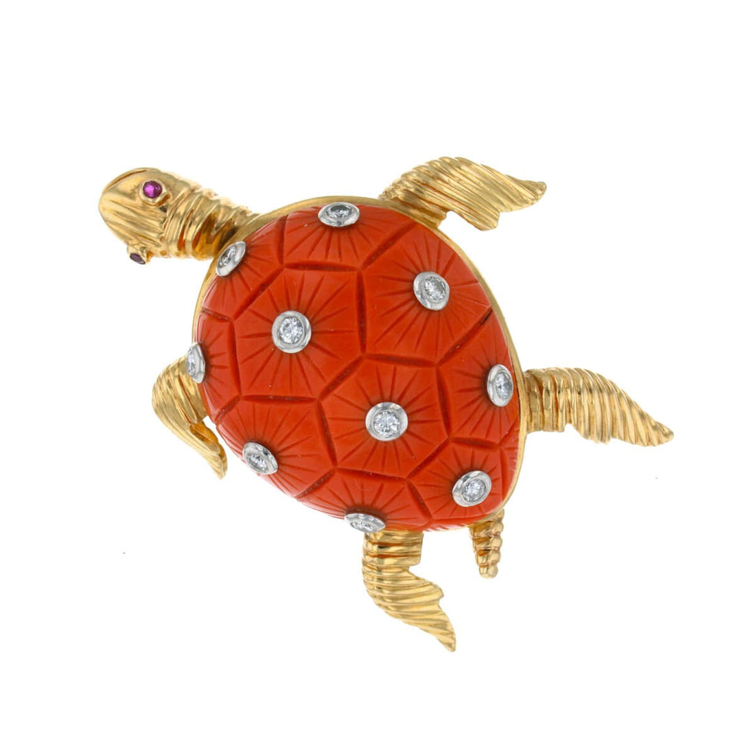 Coral, diamonds, rubies and gold brooch
