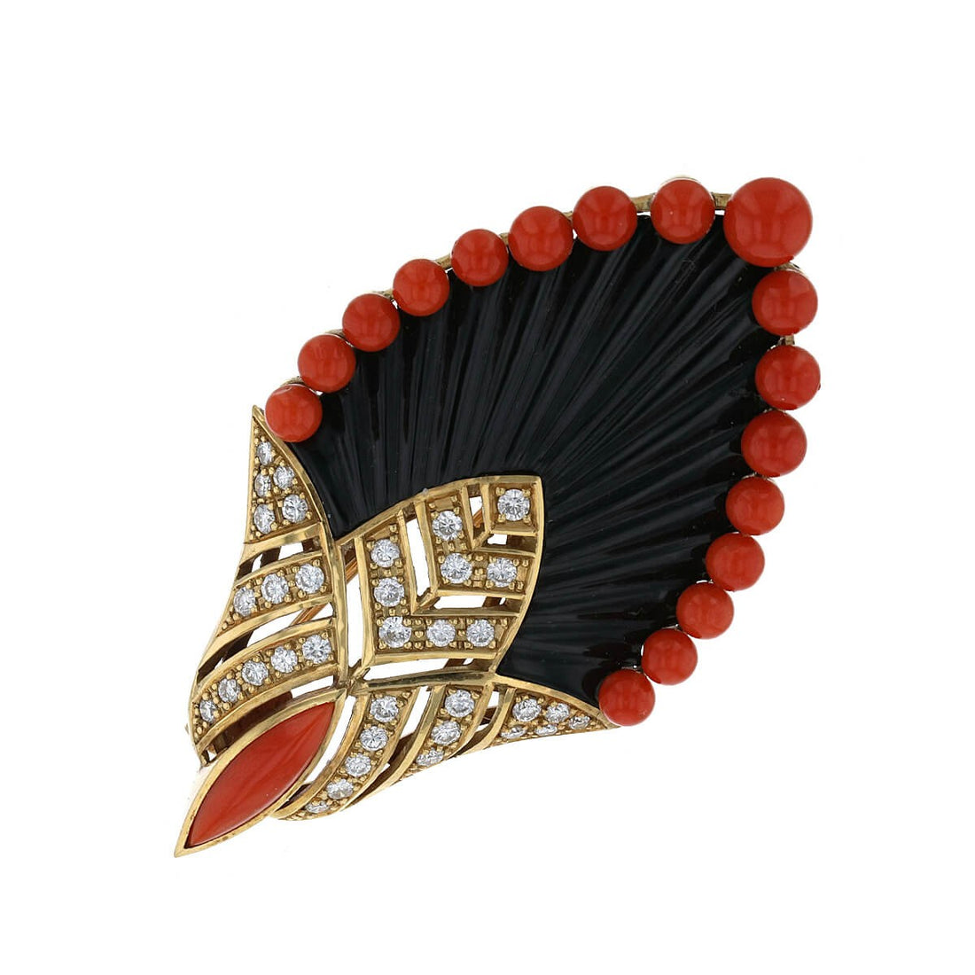 Coral, onyx, diamonds and gold brooch