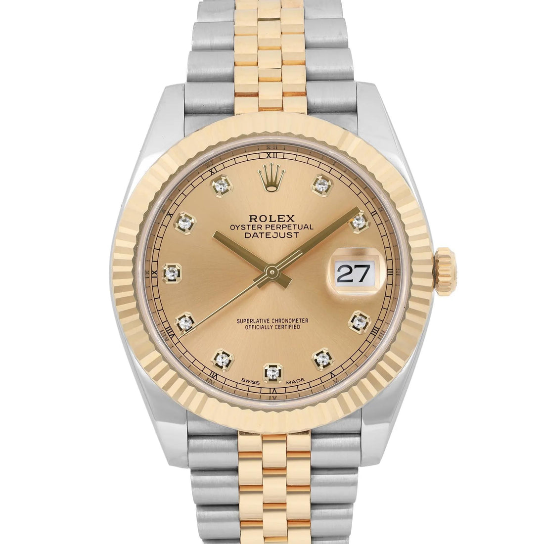 Rolex Datejust 41mm 18k Gold Steel Champagne Diamond Dial Watch 126333