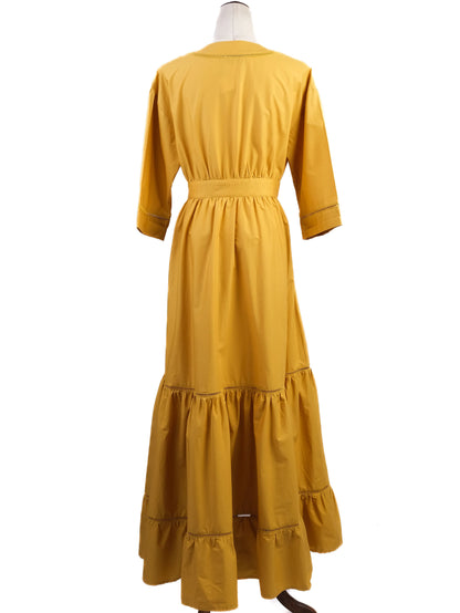 Excellent TWINSET Yellow Maxi Dress Women Size M Long Sleeve Tiered