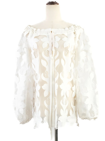 Excellent Anne Fontaine White Sheer Blouse Size M Floral Cut-Out Design