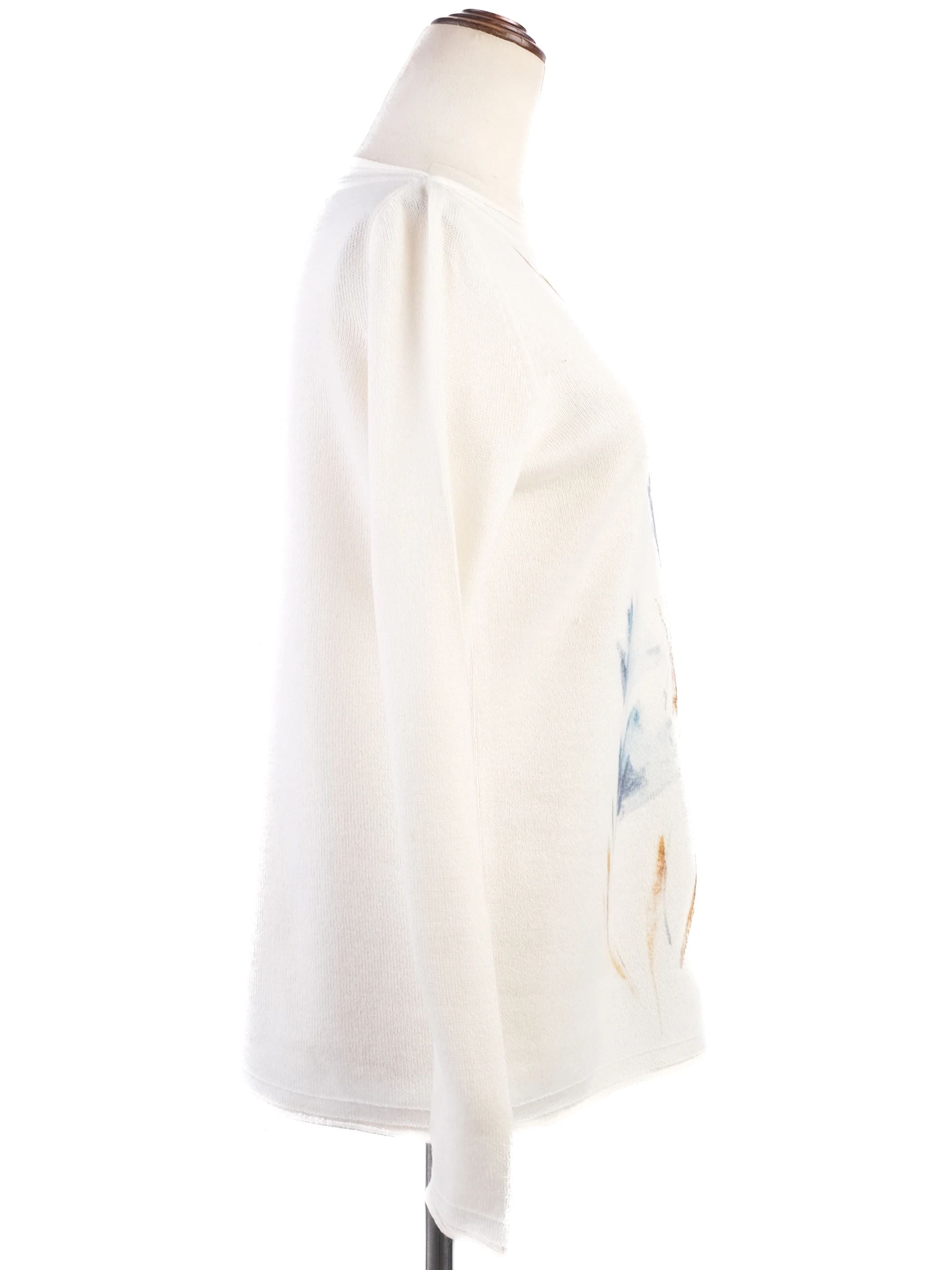 Excellent Loro Piana White Cashmere Sweater Size S Floral Design