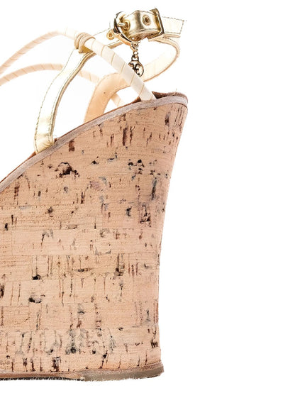 Excellent Fabi White Leather Cork Wedge Sandals Size 38 with Gold Accents