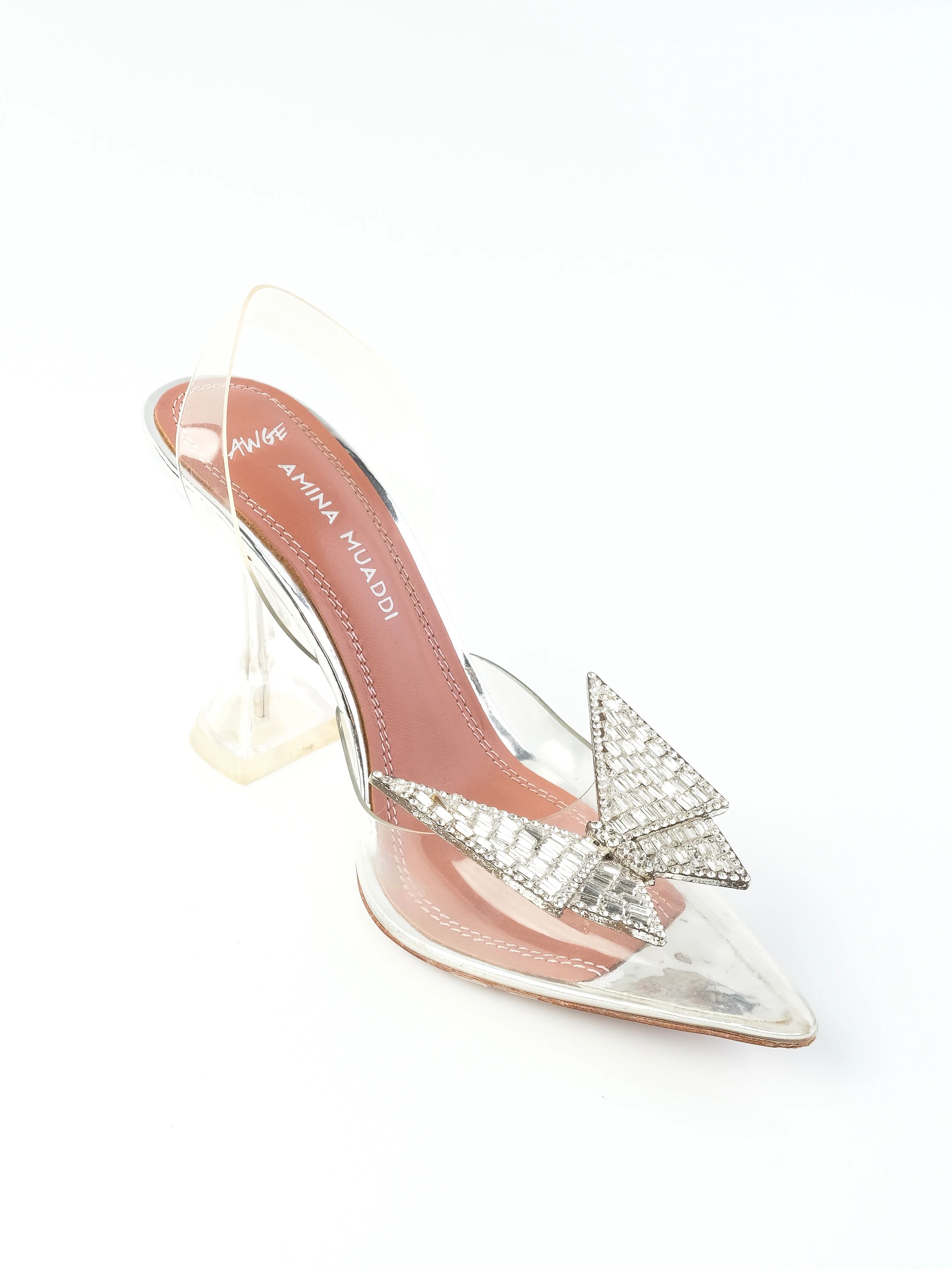 Perfect Amina Muaddi Gray High-Heeled Leather Shoes with Pyramid Embellishment