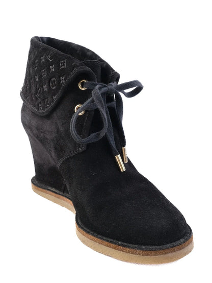 Excellent Louis Vuitton Black Suede Wedge Ankle Boots Size N/A