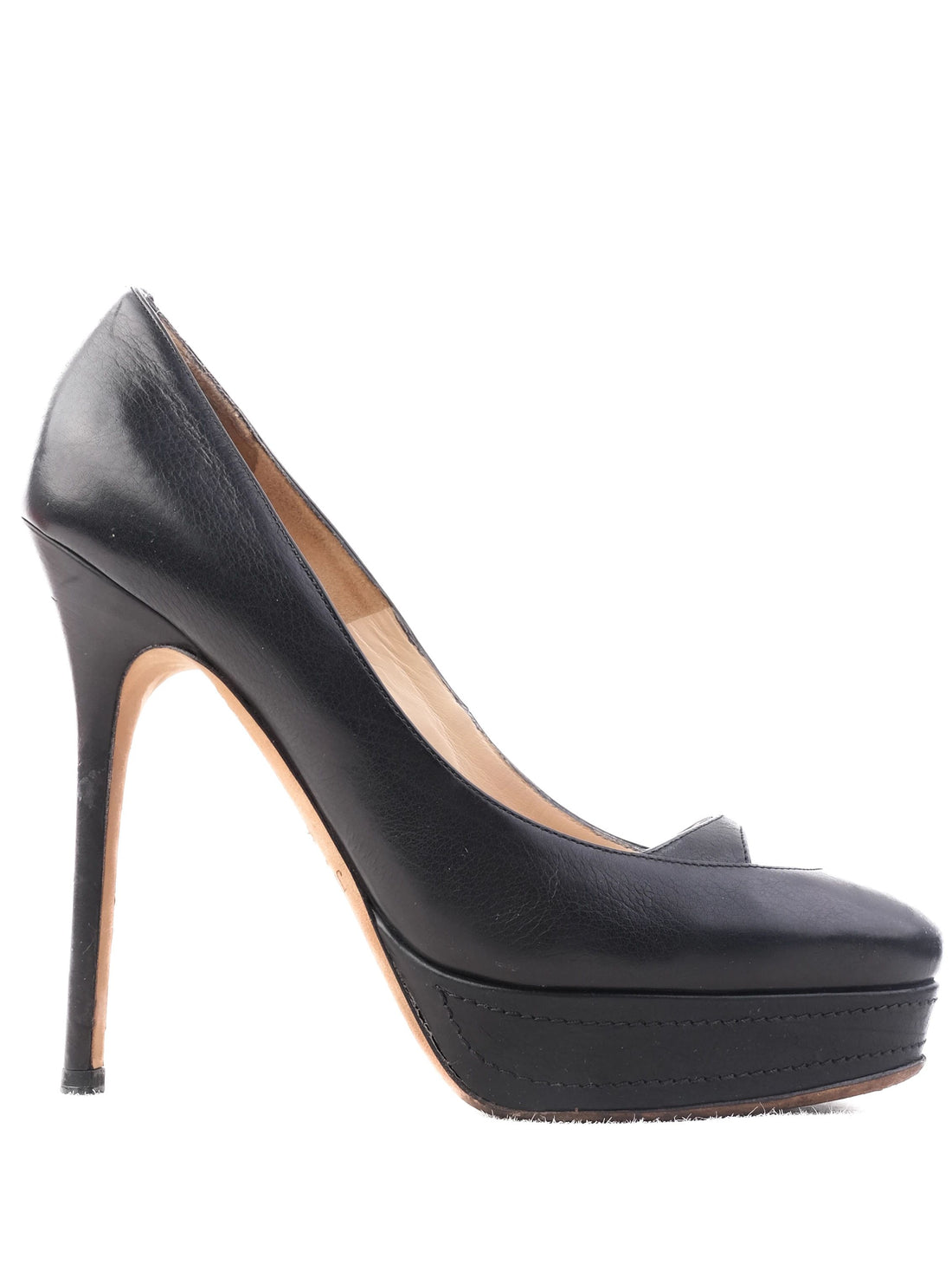 Excellent Jimmy Choo Black Leather High-Heeled Peep-Toe Shoes Size 37.5