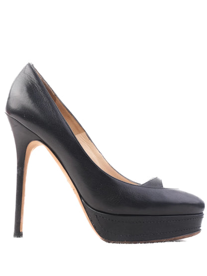 Excellent Jimmy Choo Black Leather High-Heeled Peep-Toe Shoes Size 37.5